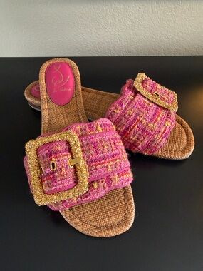Sam Edelman Bambi 2 Pink Tweed Slide Sandals with Gold Buckles